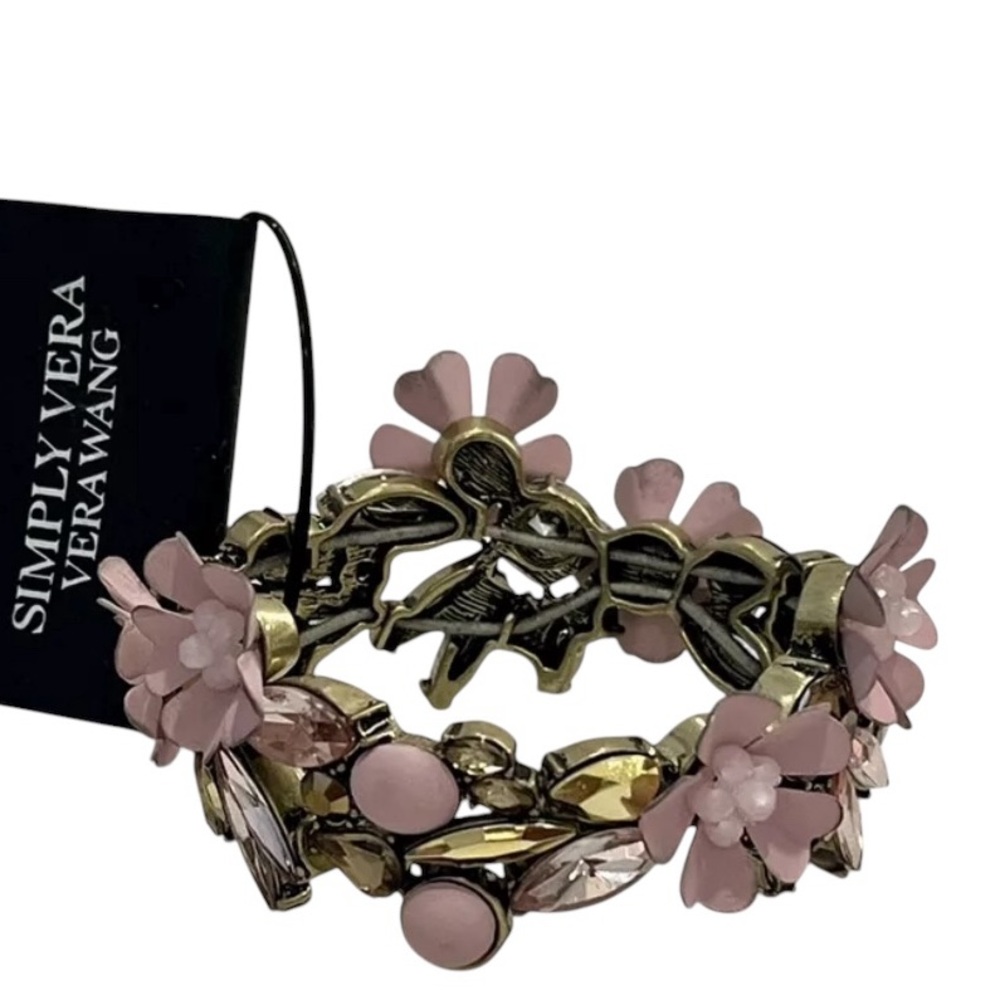 Simply Vera Wang 3D Pink Flower Bead Rhinestone Wide Stretchable Bracelet